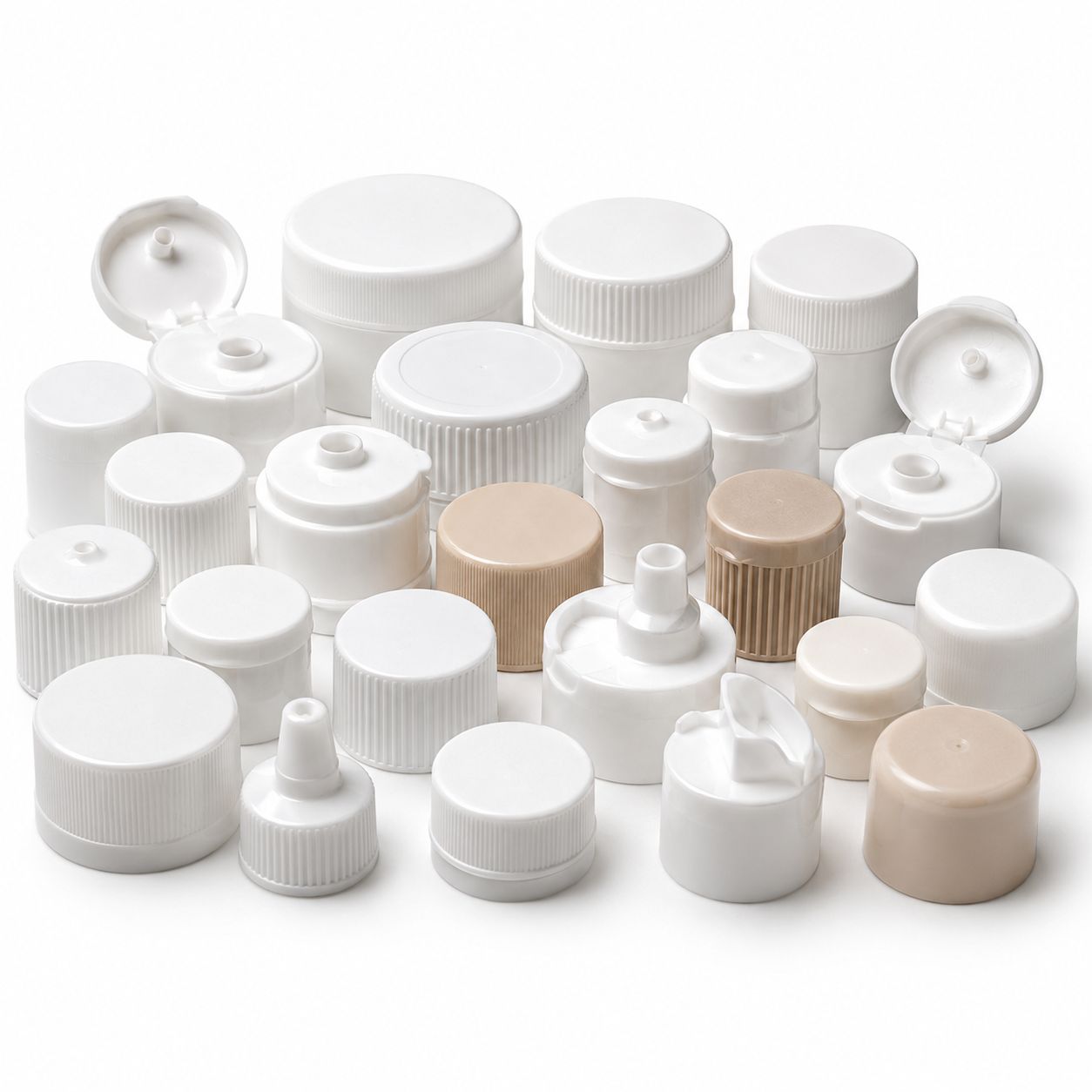 Plastic caps and closures for bottles jars and containers